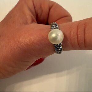 CGI CN RING SILVER PLATE CULTURED PEARL PAVE BLUE CZ CUBIC ZIRCONIA SIZE 10